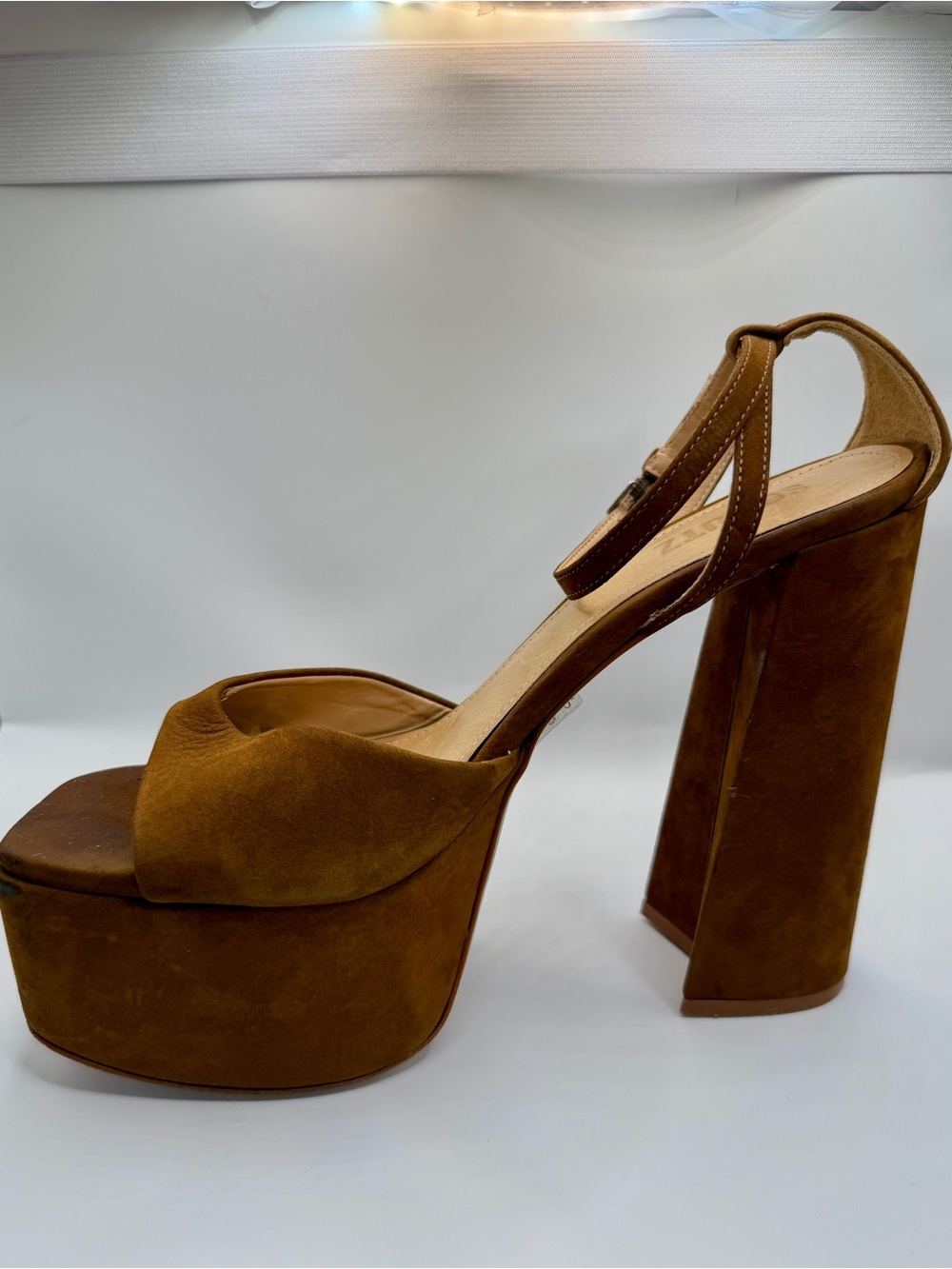 Schutz Platform Sandal Size 8.5 High Heel Chunky Ankle Strap Brown Square Toe